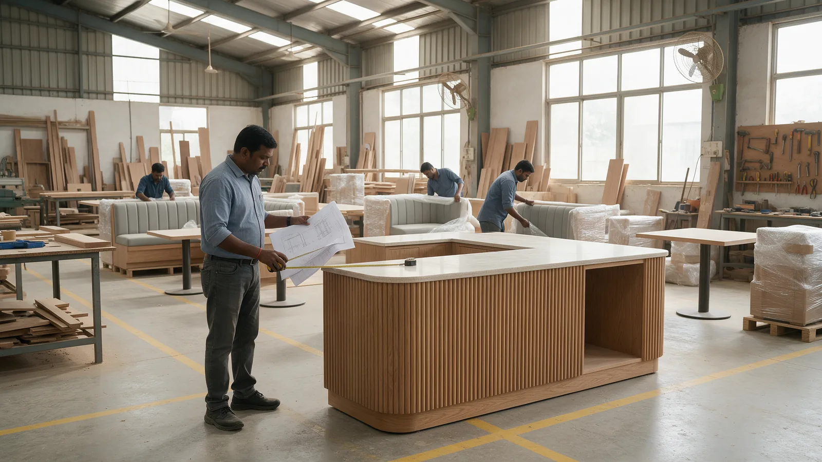 Quality inspector checking a manufactured coffee counter against shop drawings in a joinery factory